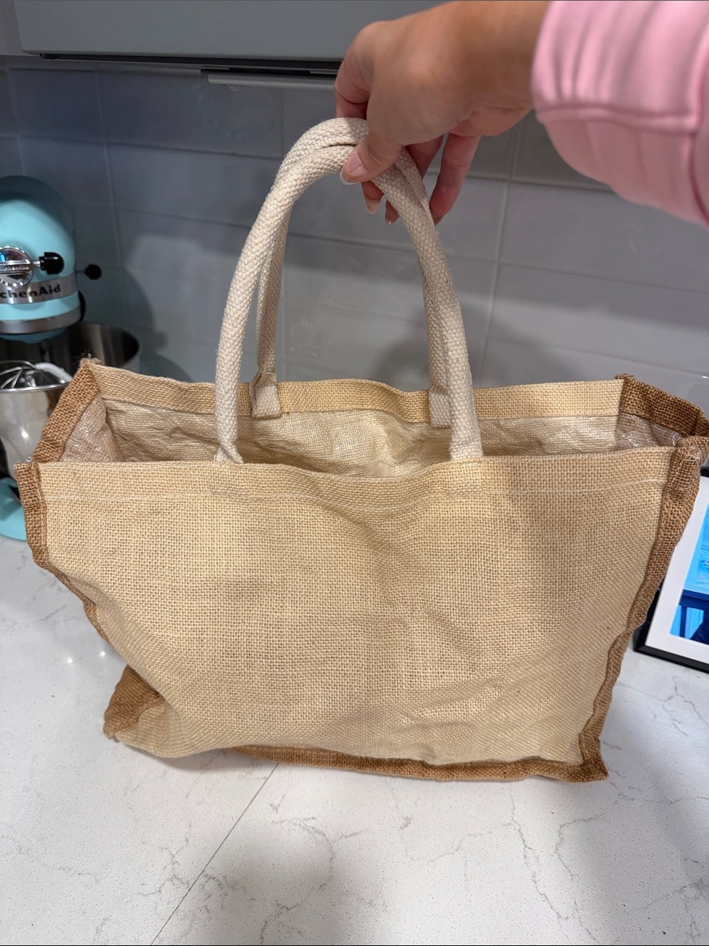 Beige Jute Tote Bag with Rope Handles